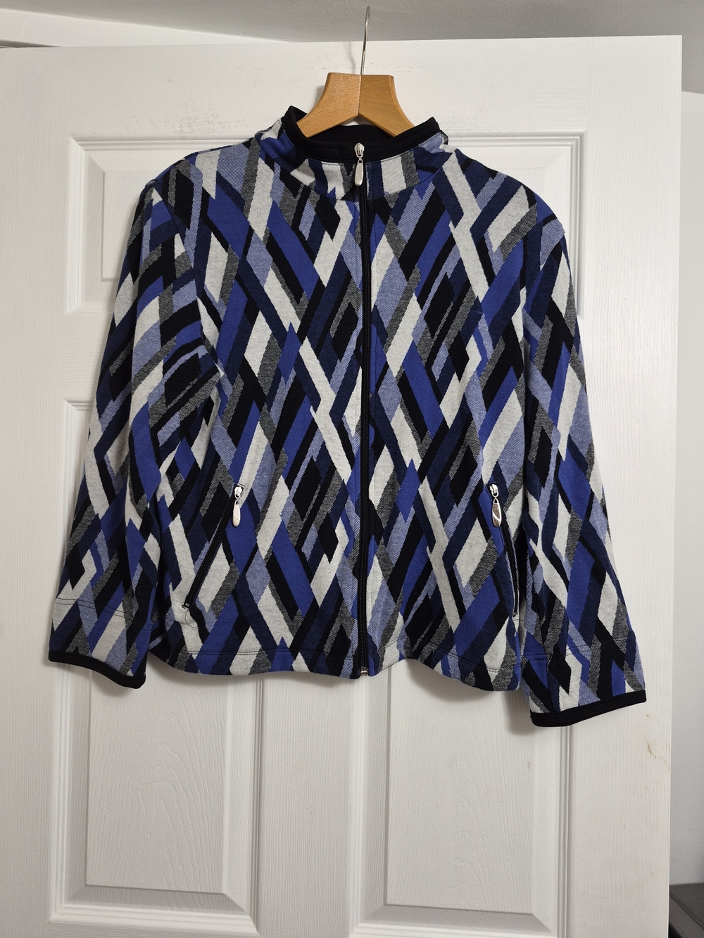 Allison Daley Blue Black Gray Geometric Zip-Front Jacket